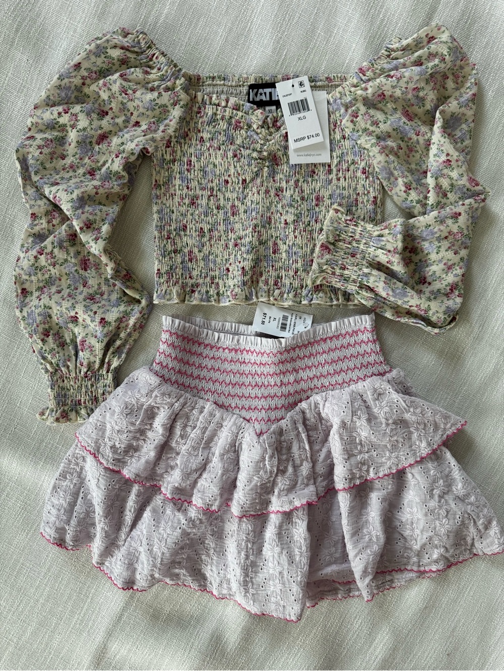 KatieJ NYC Cream Floral Smocked Puff-Sleeve Crop Top and skirt